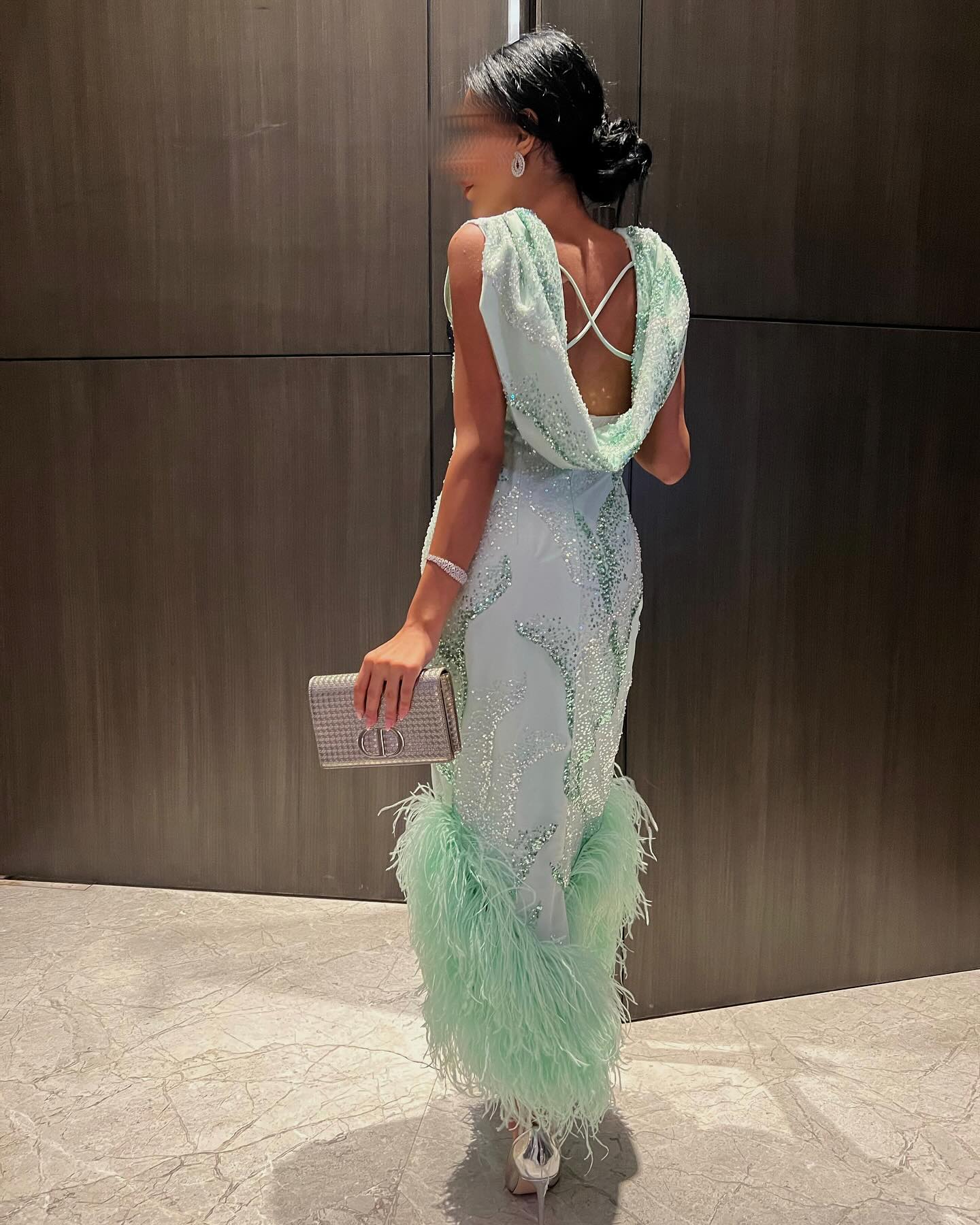 Luxury Feather Sage Green Criss Cross Evening Dress SS436