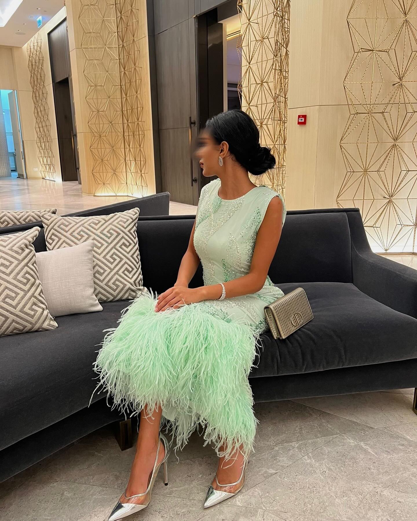 Luxury Feather Sage Green Criss Cross Evening Dress SS436