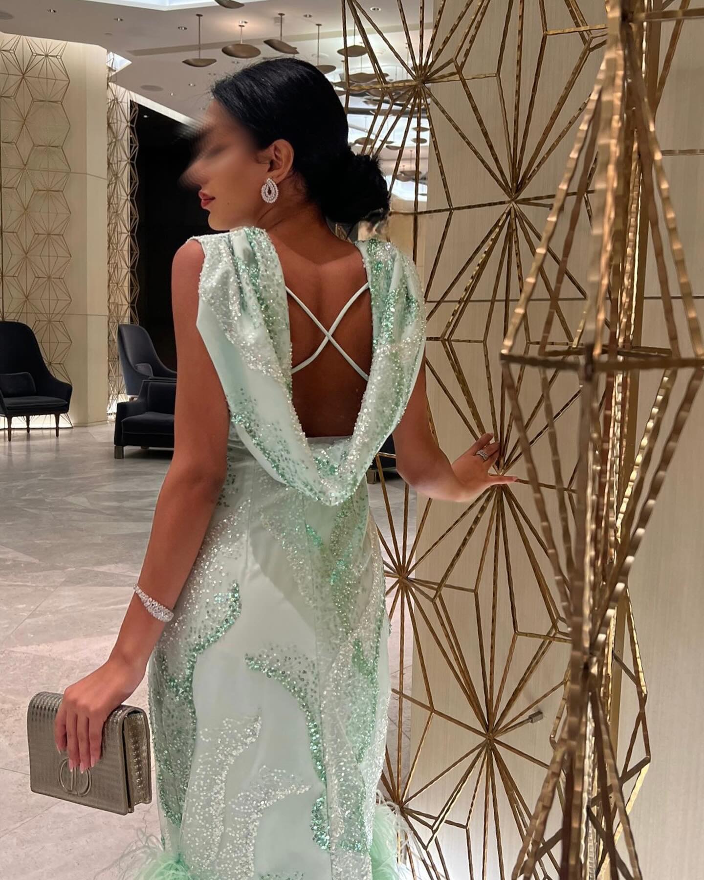 Luxury Feather Sage Green Criss Cross Evening Dress SS436