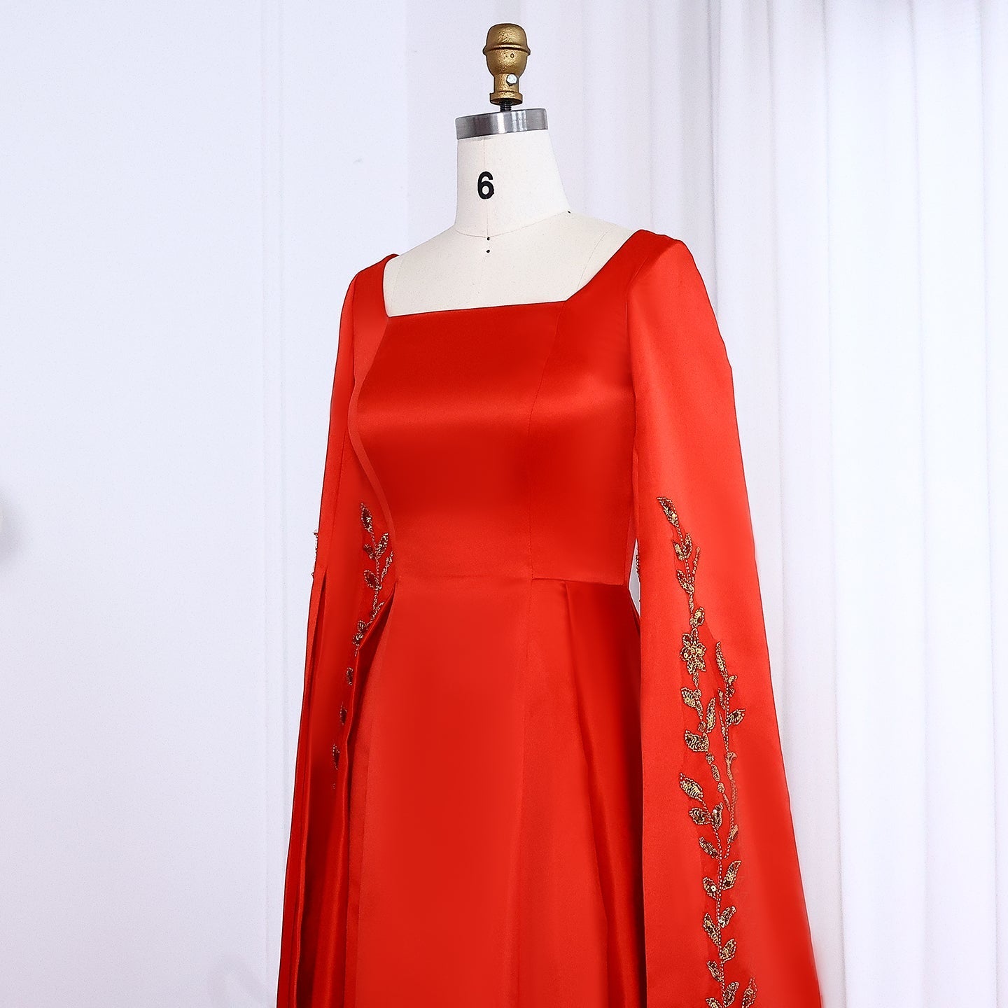 Elegant Red Evening Dress with Gold Floral Embroidery Cape Sleeves SS568