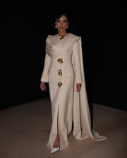 Elegant Off White Satin Arabic Evening Dress with Cape SF536