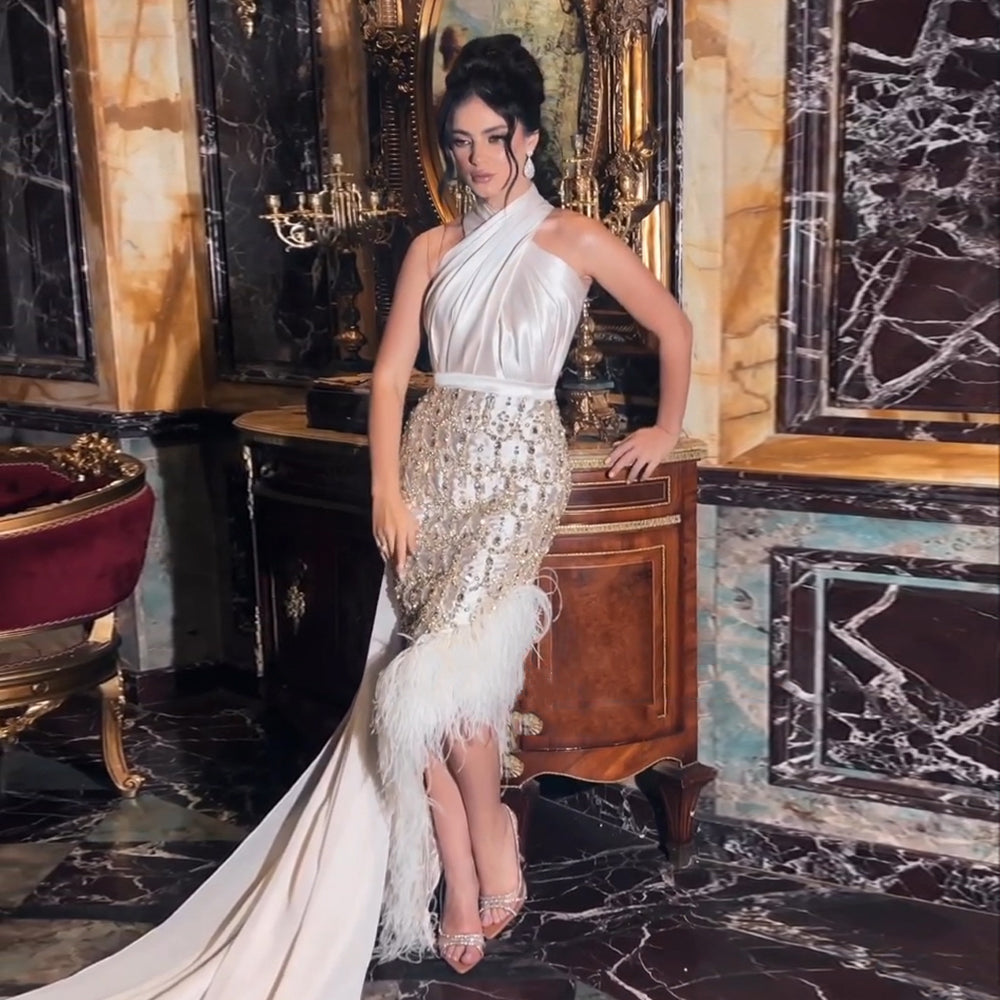 Luxury Feather White Halter Evening Dress with Cape SS350