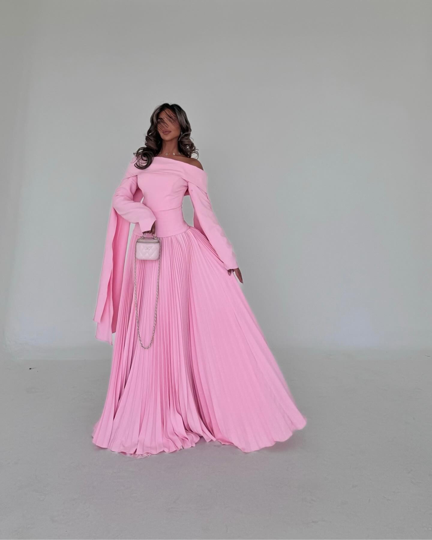 Elegant Pink Pleats Off Shoulder Long Sleeves Evening Dress SF062  Pink / US 16
