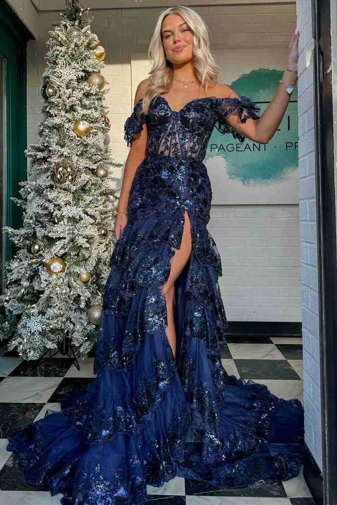 Charming Red Ruffles Off Shoulder Prom Dress with High Slit SF151