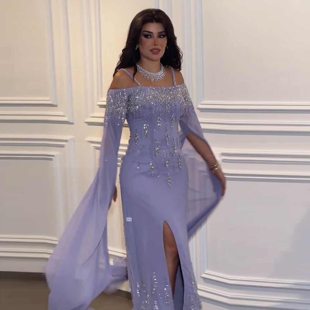 Luxury Lilac Mermaid Slit Evening Dress with Cape Sleeves SS448