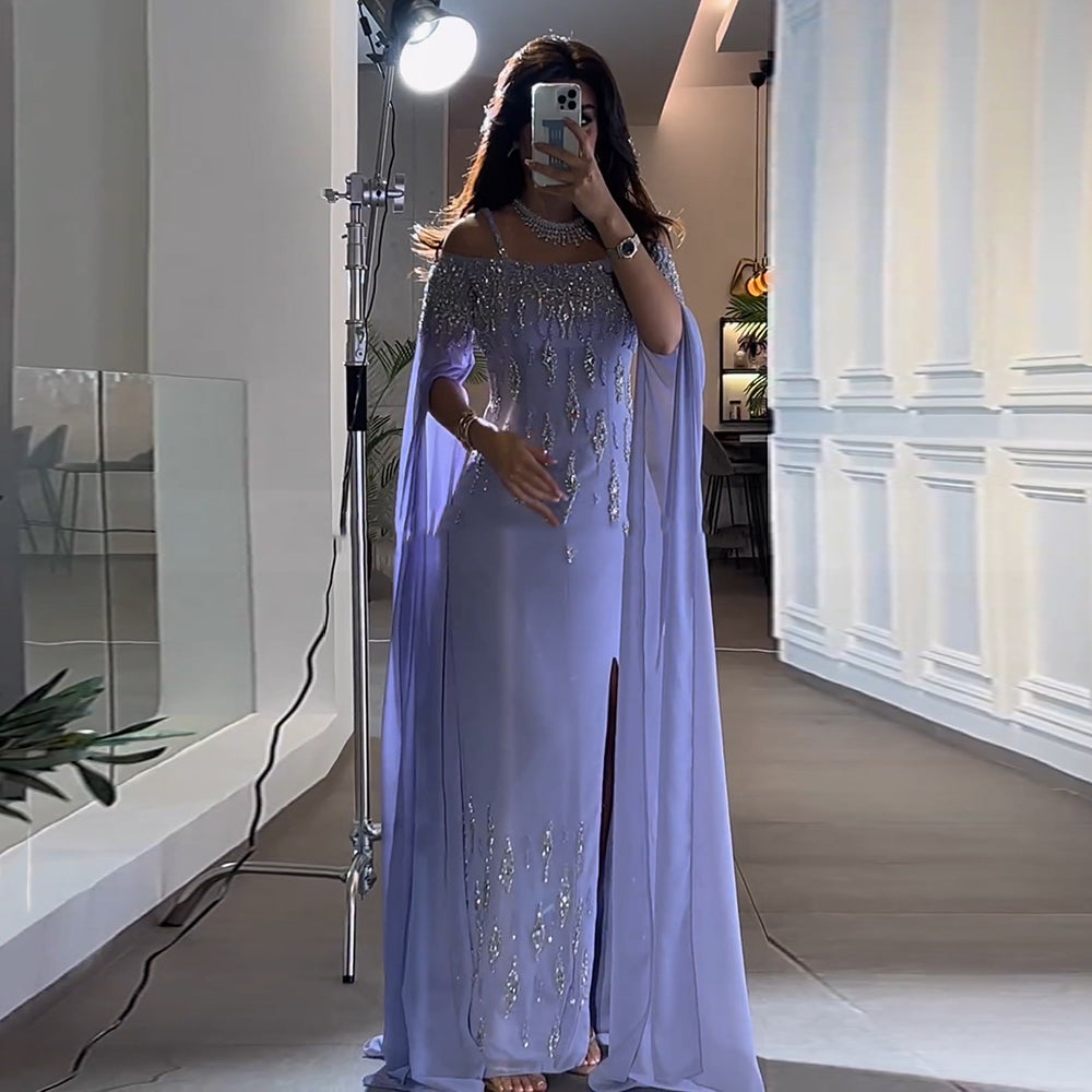 Luxury Lilac Mermaid Slit Evening Dress with Cape Sleeves SS448