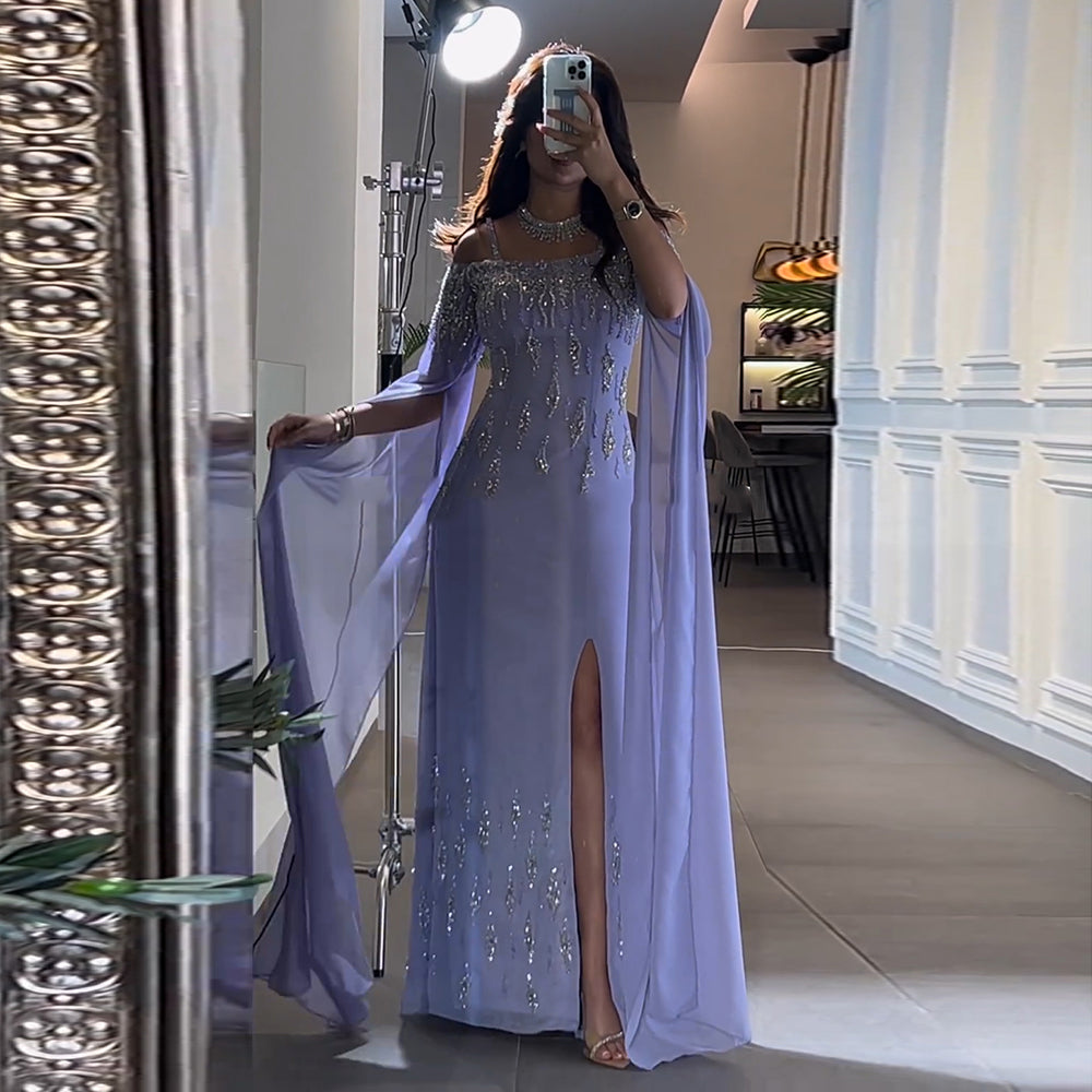 Luxury Lilac Mermaid Slit Evening Dress with Cape Sleeves SS448