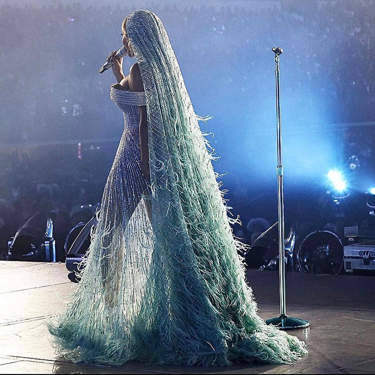 Luxury Feathers Aqua Off Shoulder Evening Dress SS435