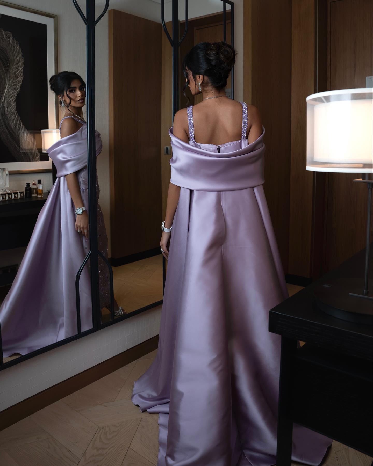 Luxury Lilac Beaded Off Shoulder Evening Dress with Cape SS341