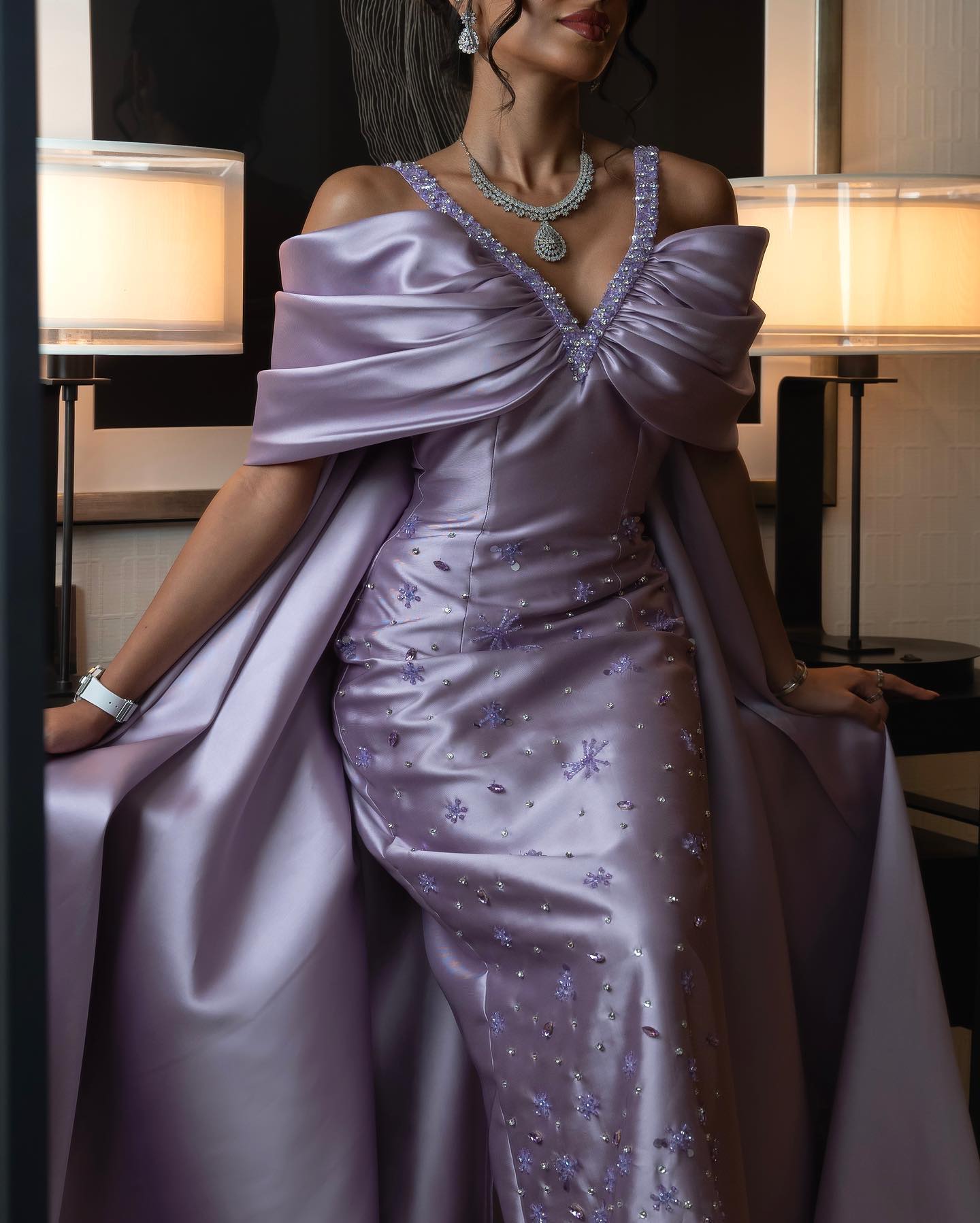 Luxury Lilac Beaded Off Shoulder Evening Dress with Cape SS341