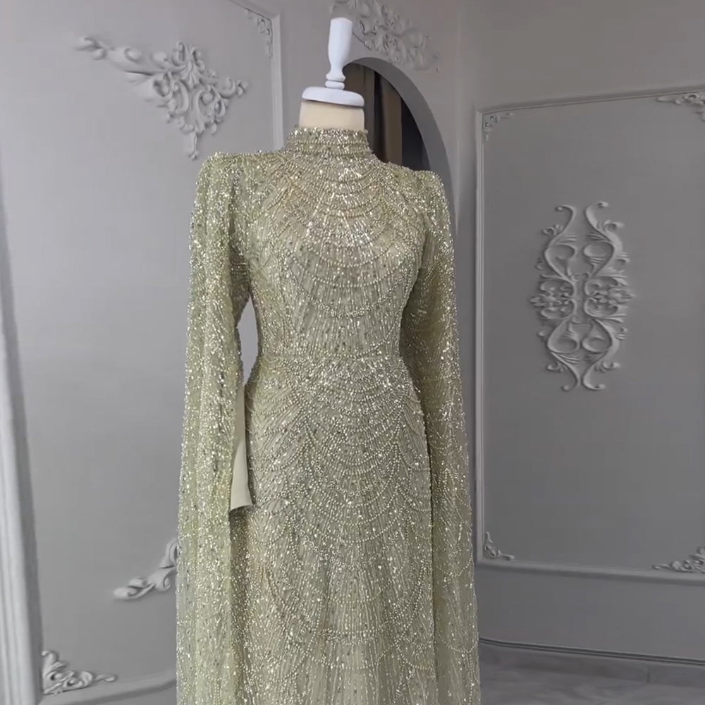 Luxury Sage Green Evening Dress with Cape Sleeves SS630