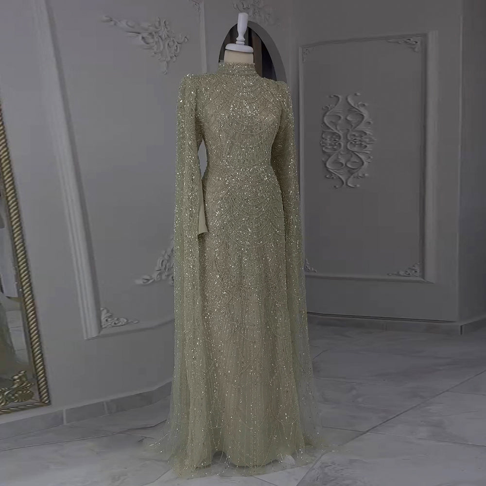Luxury Sage Green Evening Dress with Cape Sleeves SS630