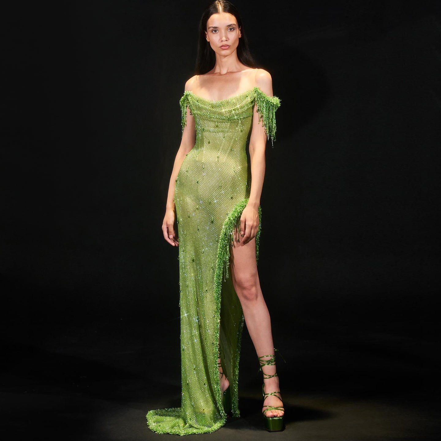 For Sale Luxury Tassel Sage Green Slit Evening Dress SS382