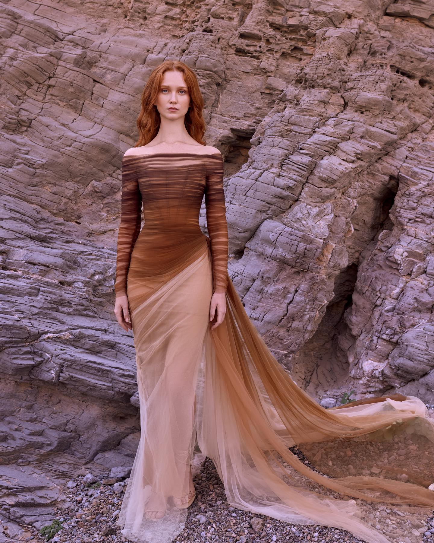Brown Tulle Off Shoulder Evening Dress with Slit SF232  Brown / US 20