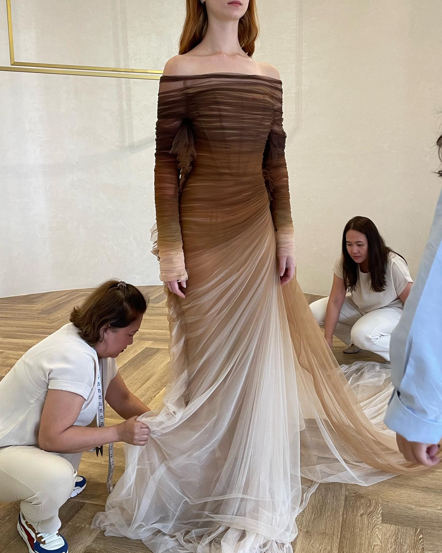 Brown Tulle Off Shoulder Evening Dress with Slit SF232