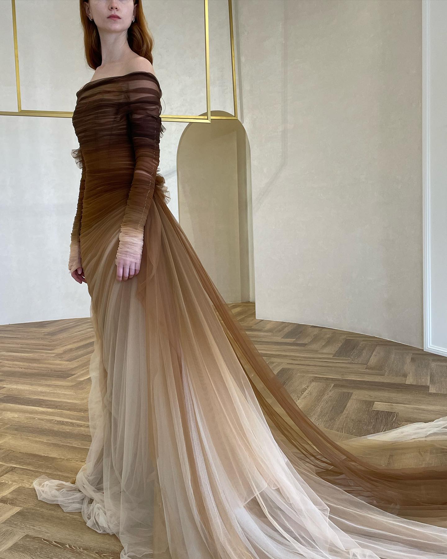 Brown Tulle Off Shoulder Evening Dress with Slit SF232