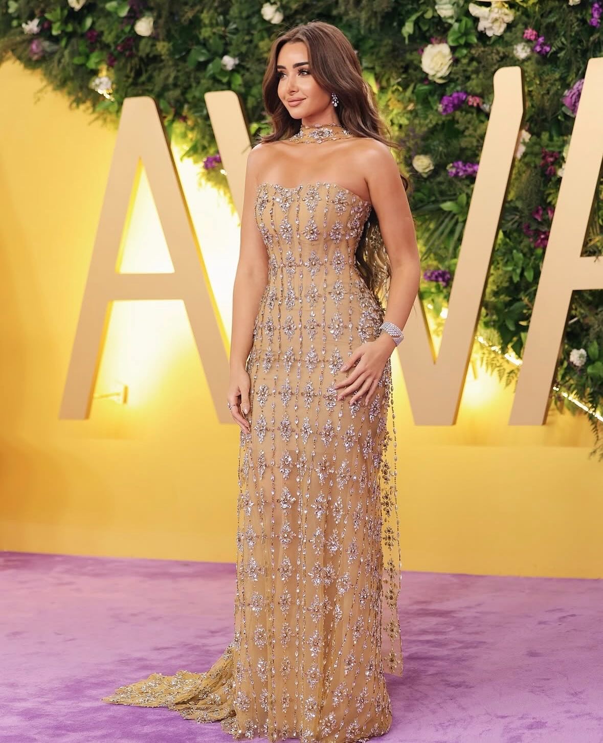 Luxury Beaded Nude Strapless Evening Dress with Scarf SS229