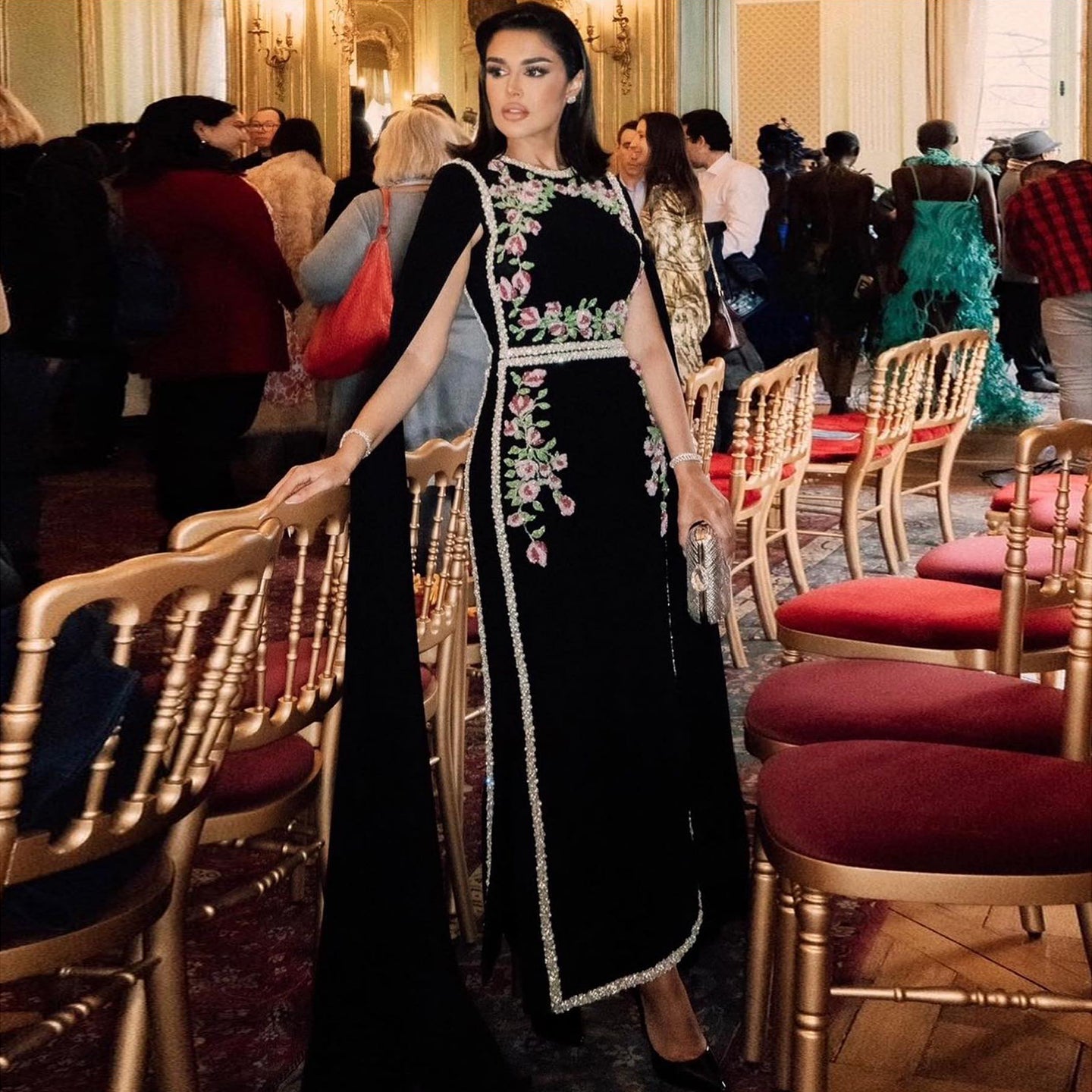 Luxury Embroidered Black Evening Dress with Cape Sleeves SS487