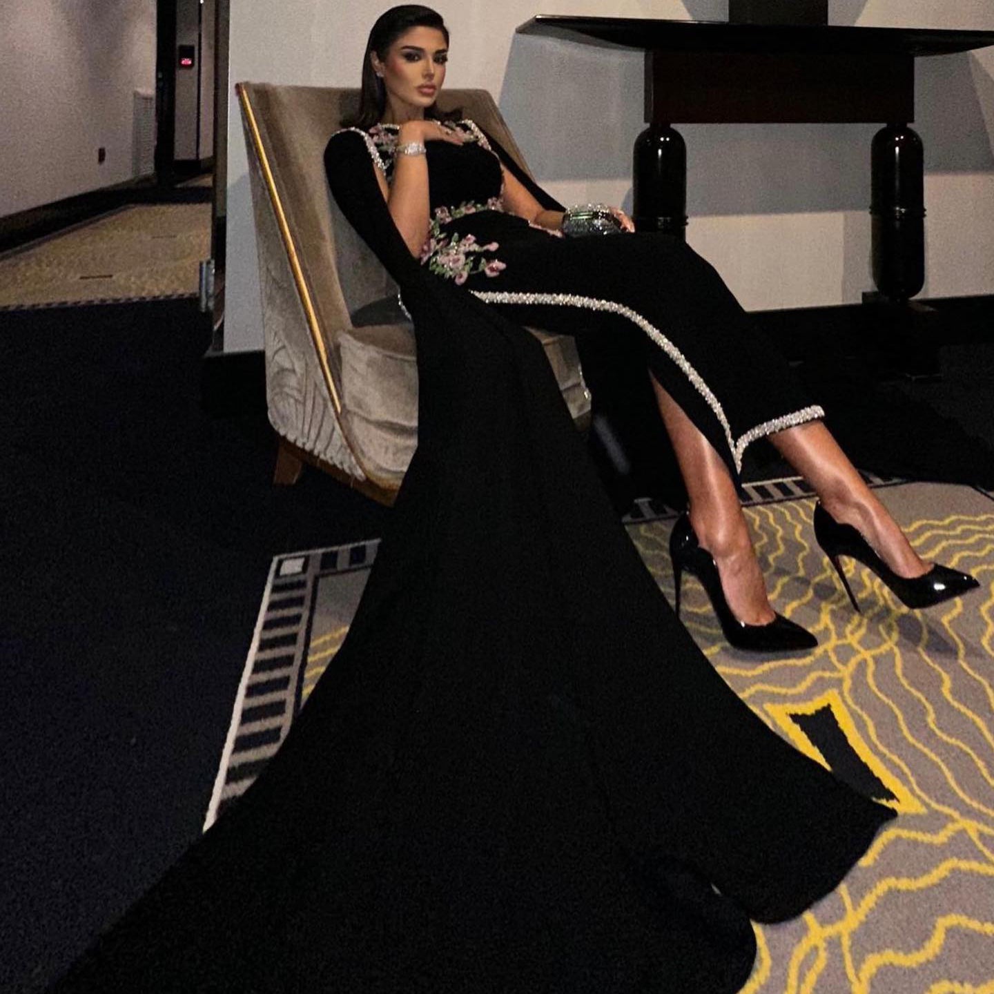 Luxury Embroidered Black Evening Dress with Cape Sleeves SS487