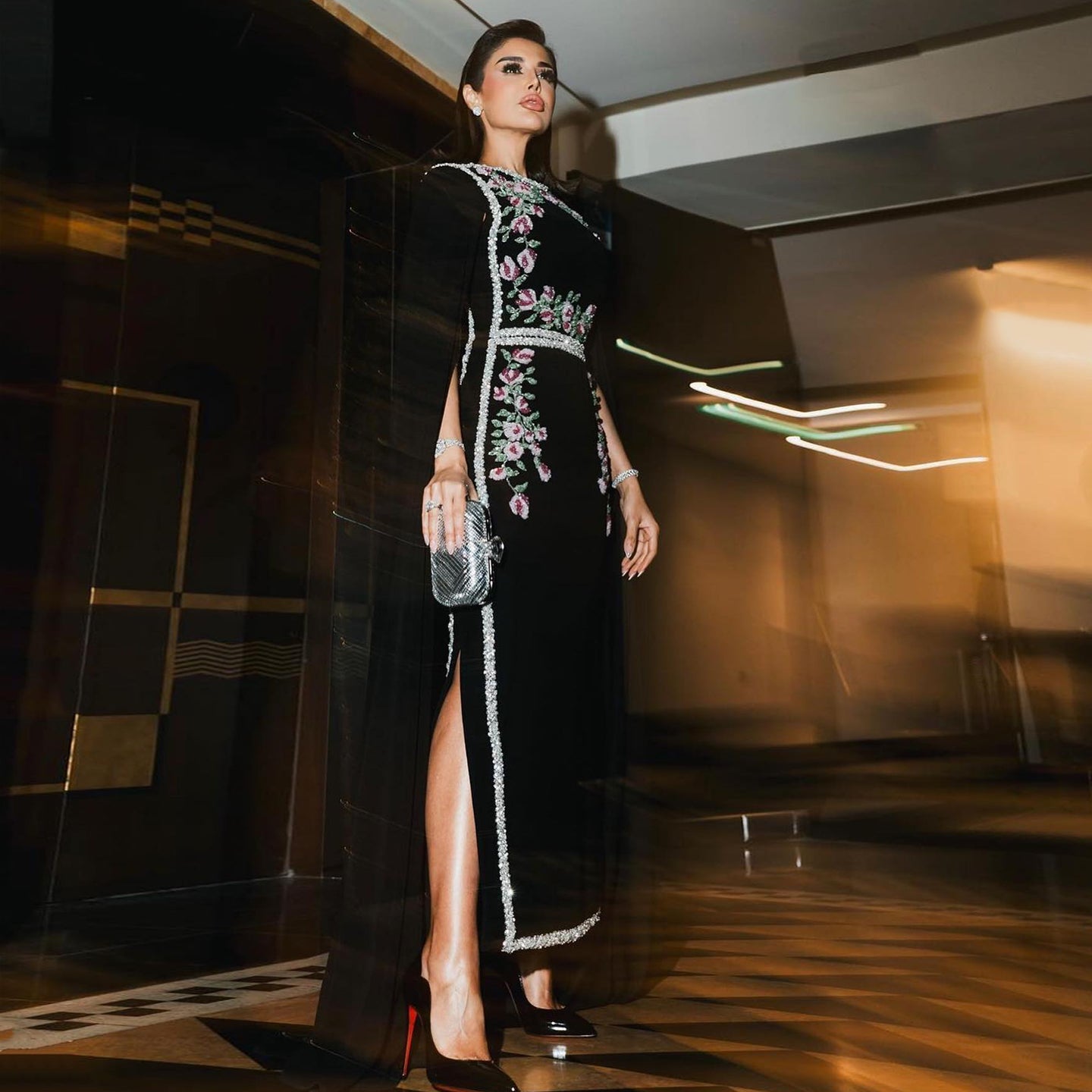 Luxury Embroidered Black Evening Dress with Cape Sleeves SS487