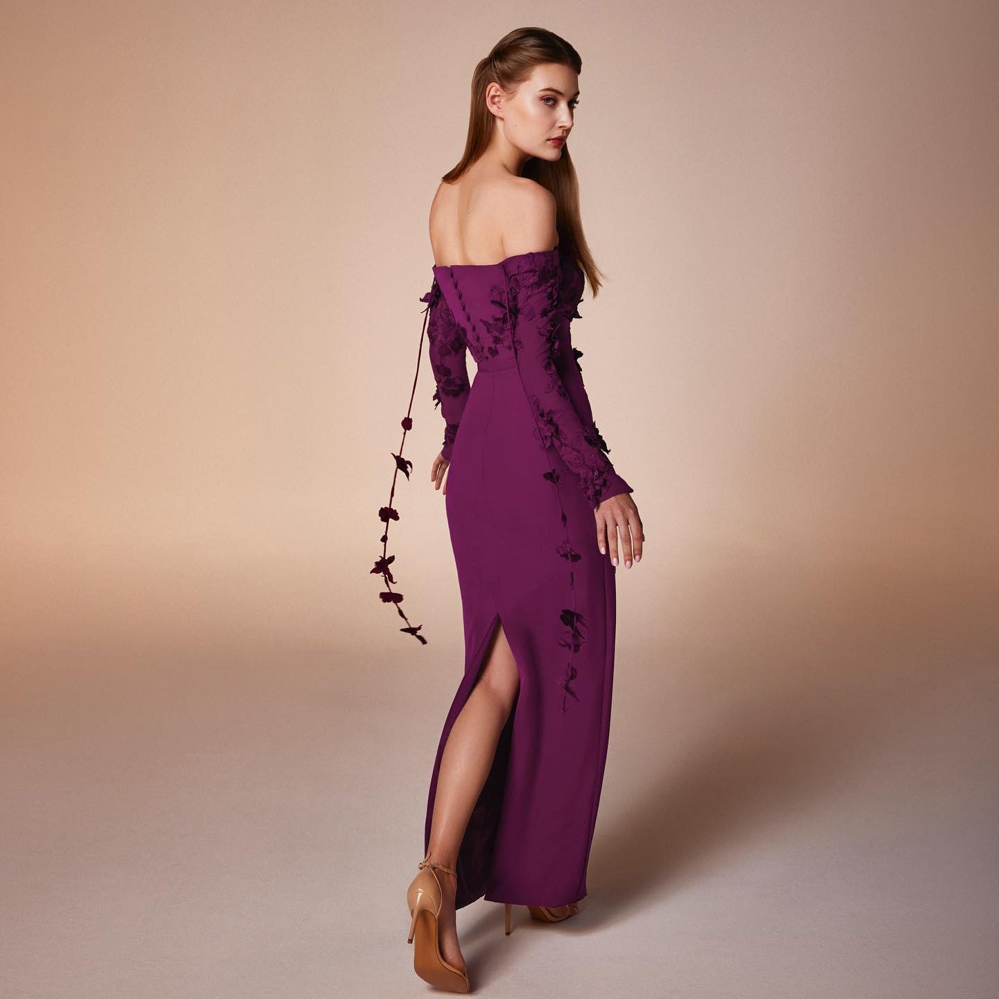 Elegant Off Shoulder Fuchsia Long Sleeves Evening Dress SS310