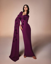 Elegant Purple 3D Flowers Evening Dress with Cape Sleeve SF105  Fuchsia / US 16