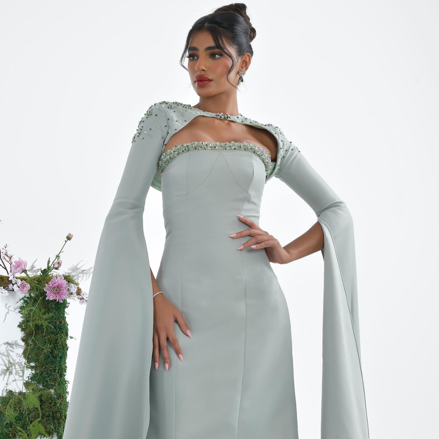Luxury Sage Green Evening Dress with Cape Sleeves SS424