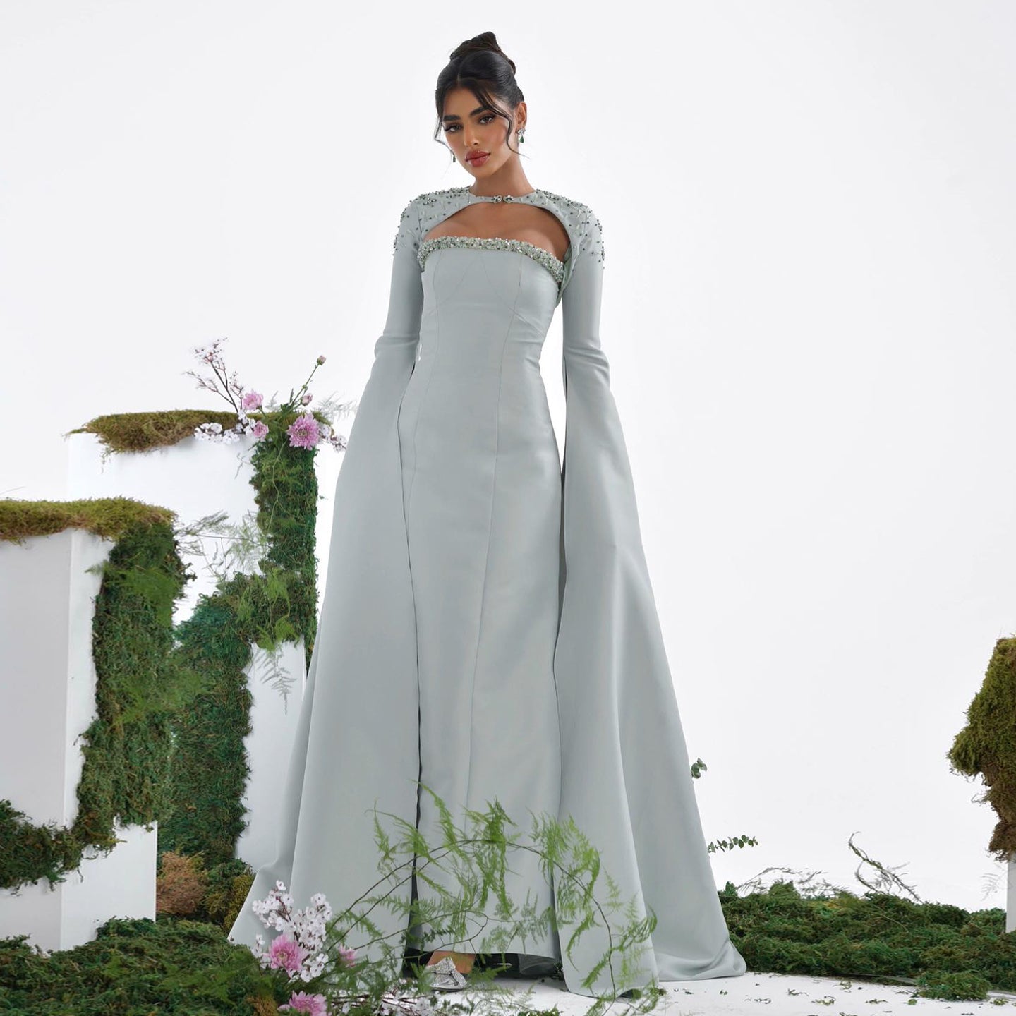 Luxury Sage Green Evening Dress with Cape Sleeves SS424