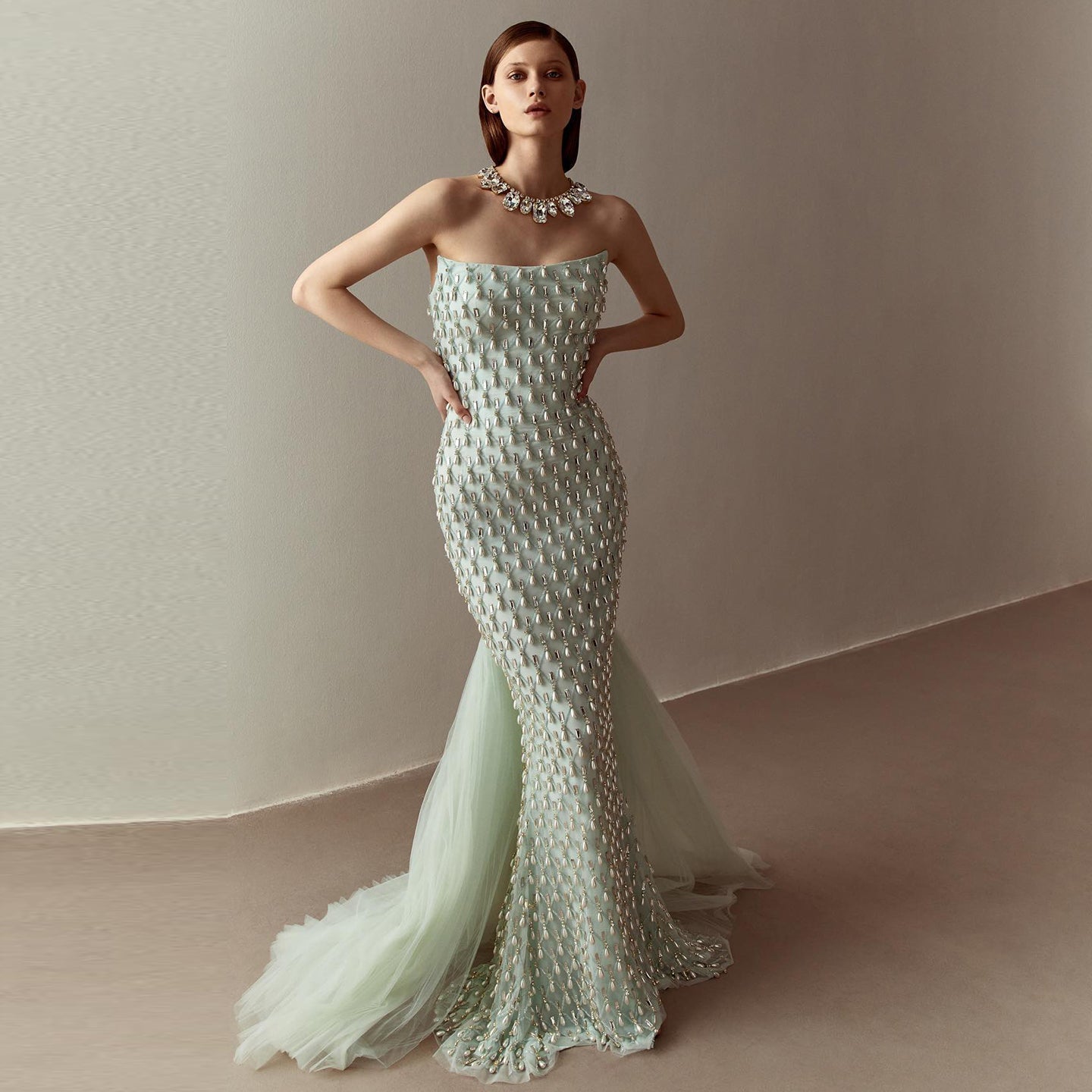 Luxury Crystal Pearls Sage Green Evening Dress with Cape SS431