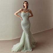 Luxury Crystal Pearls Sage Green Evening Dress with Cape SS431