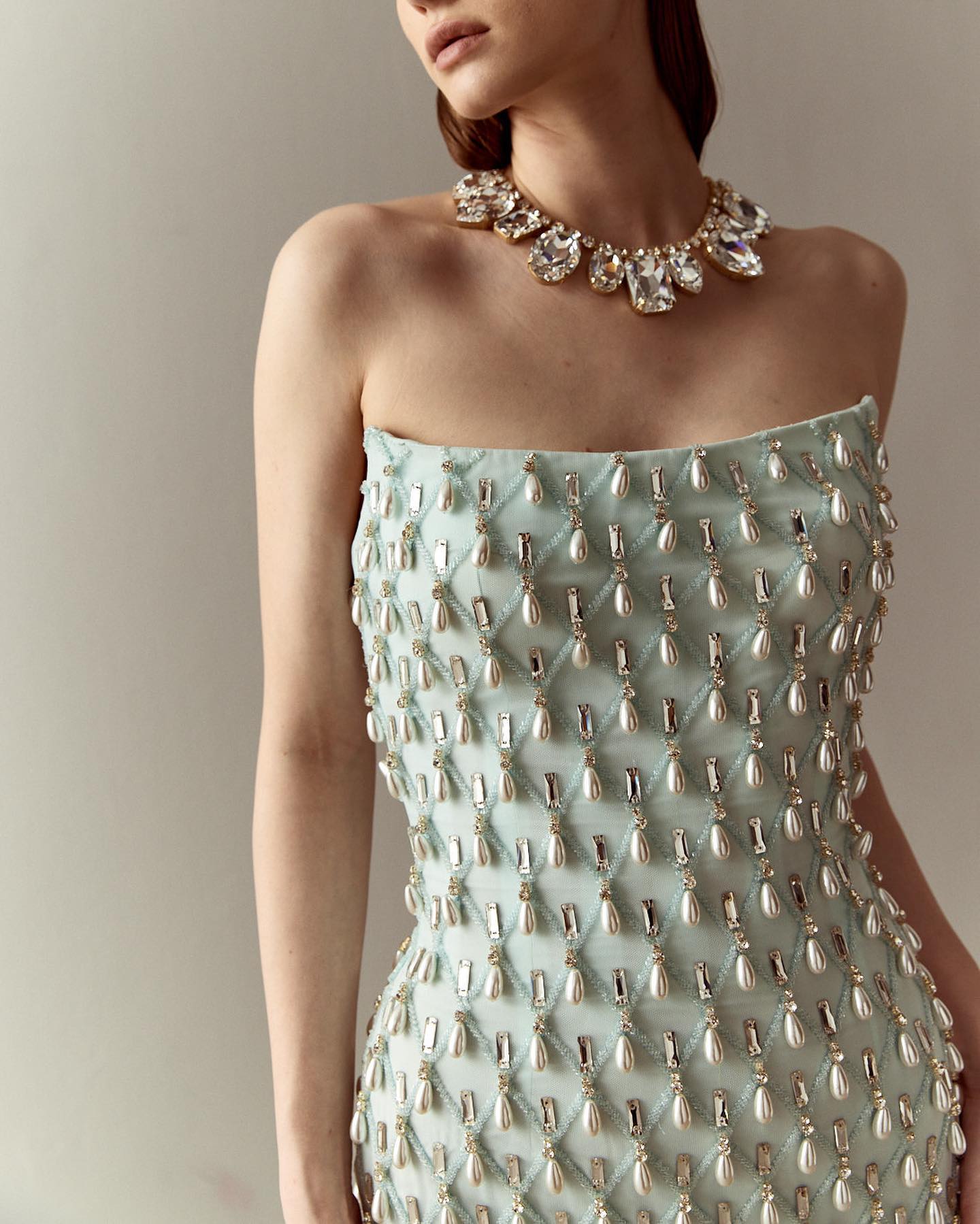 Luxury Crystal Pearls Sage Green Evening Dress with Cape SS431