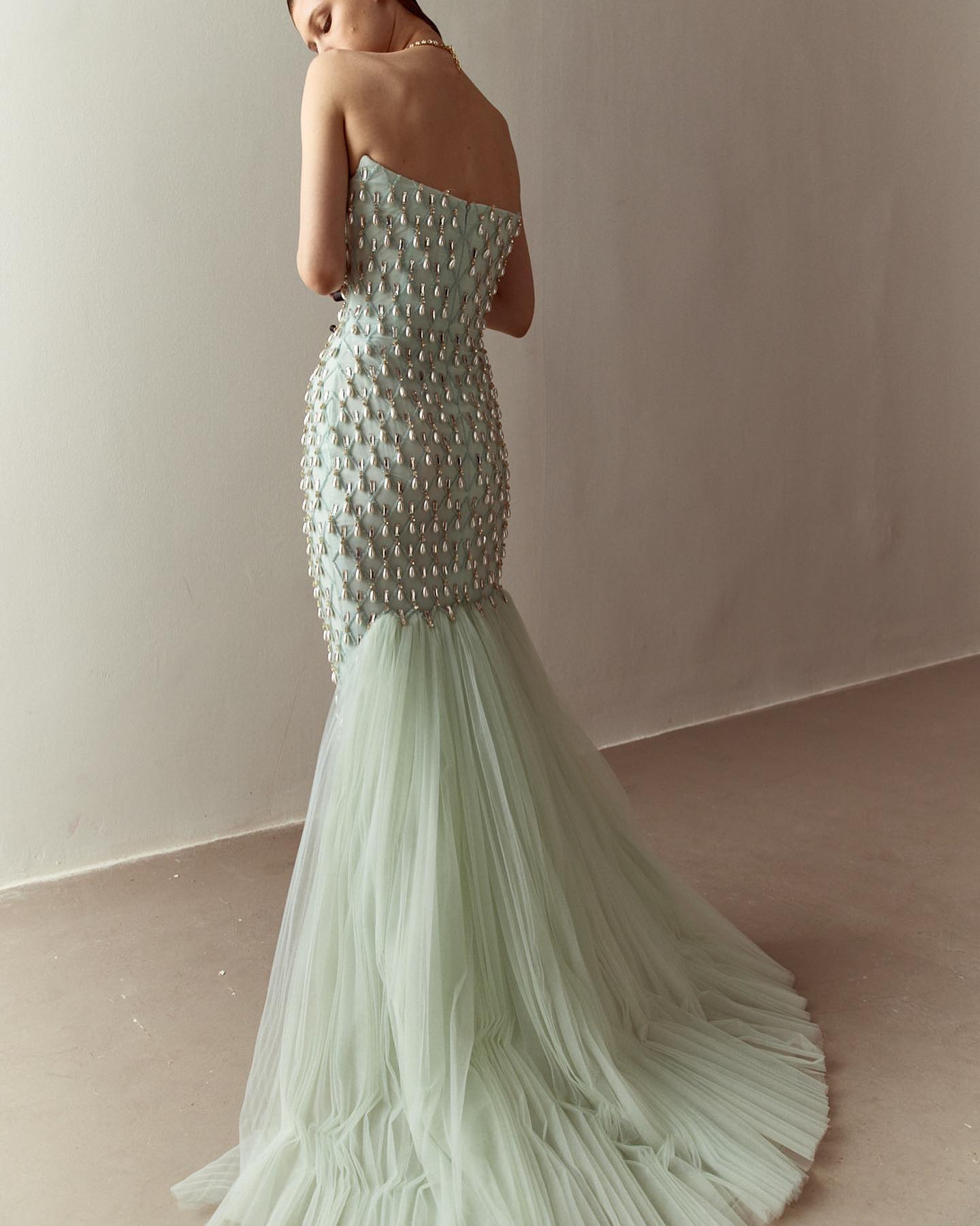 Luxury Crystal Pearls Sage Green Evening Dress with Cape SS431