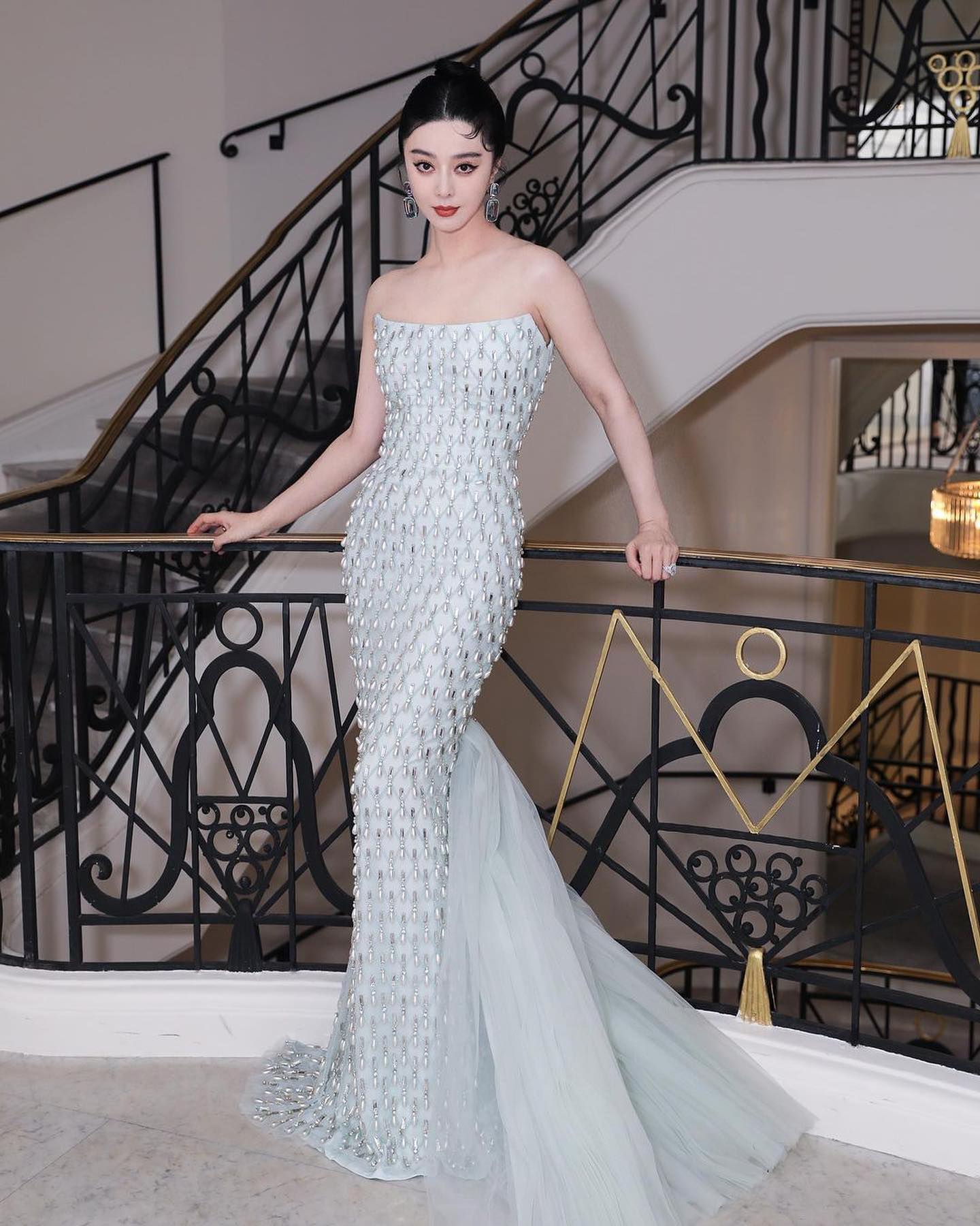 Luxury Crystal Pearls Sage Green Evening Dress with Cape SS431