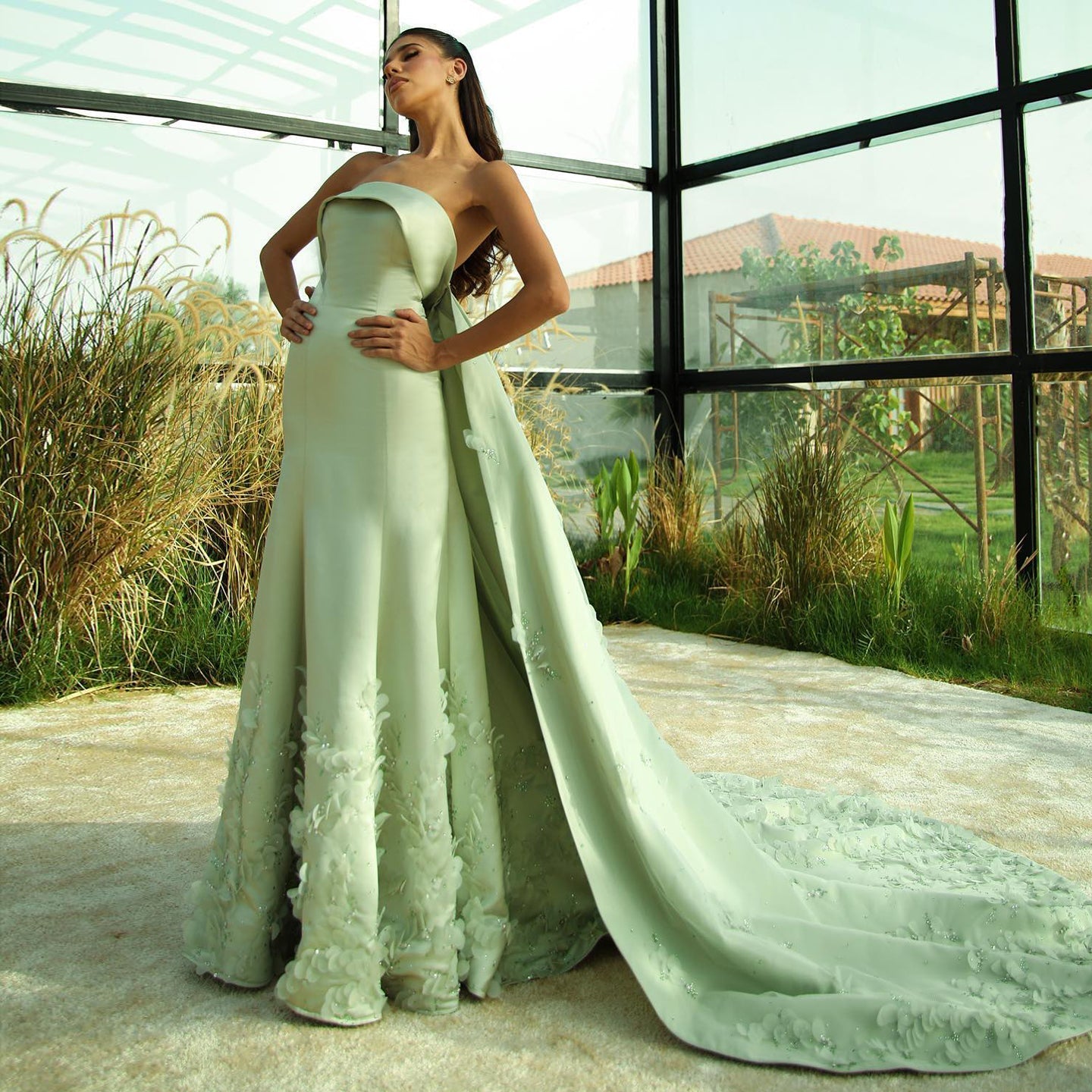 Luxury Crystal 3D Leaves Sage Green Evening Dress with Cape SS449  Sage Green / US 16