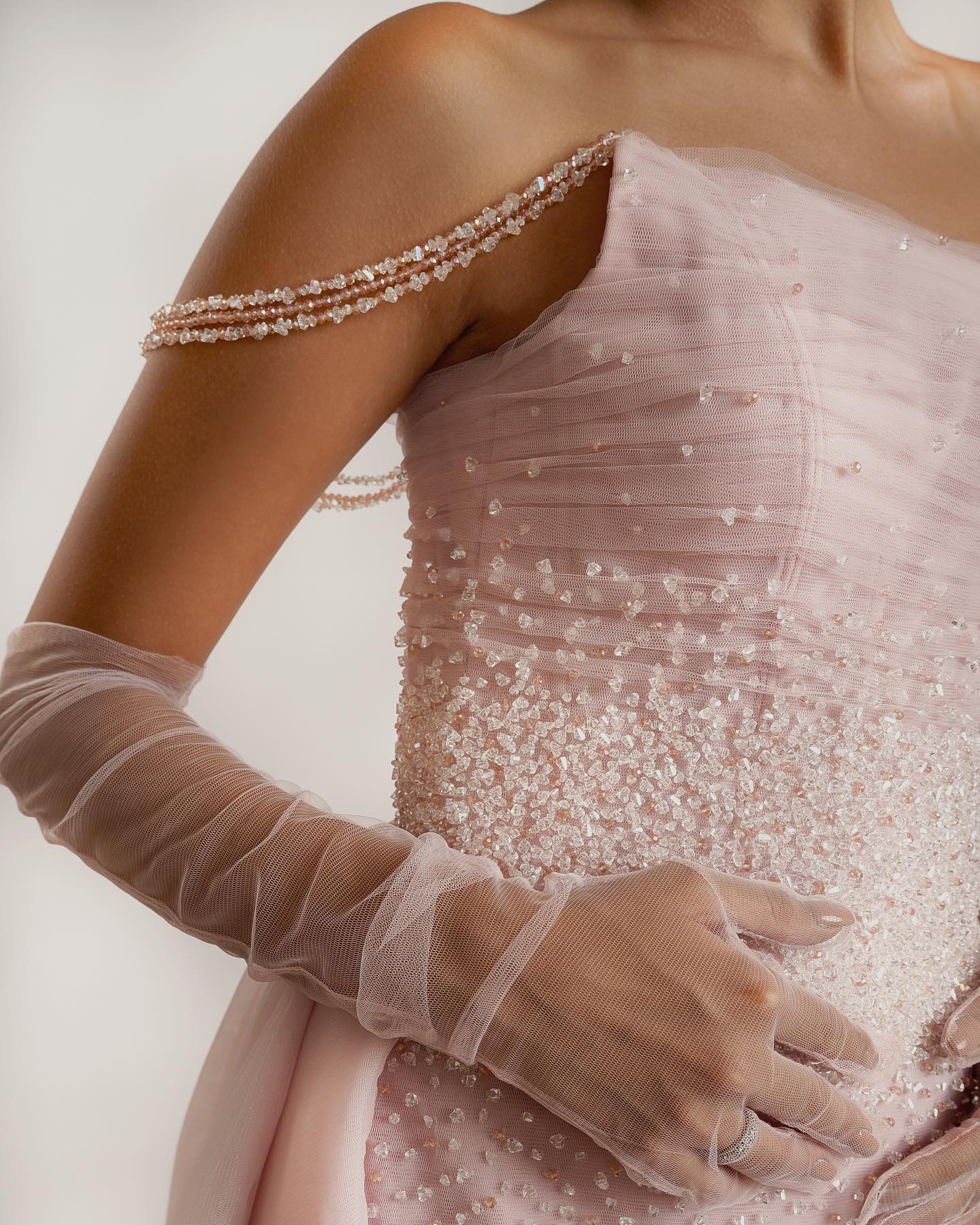 Luxury Beaded Pink Evening Dress with Overskirt Gloves SS429