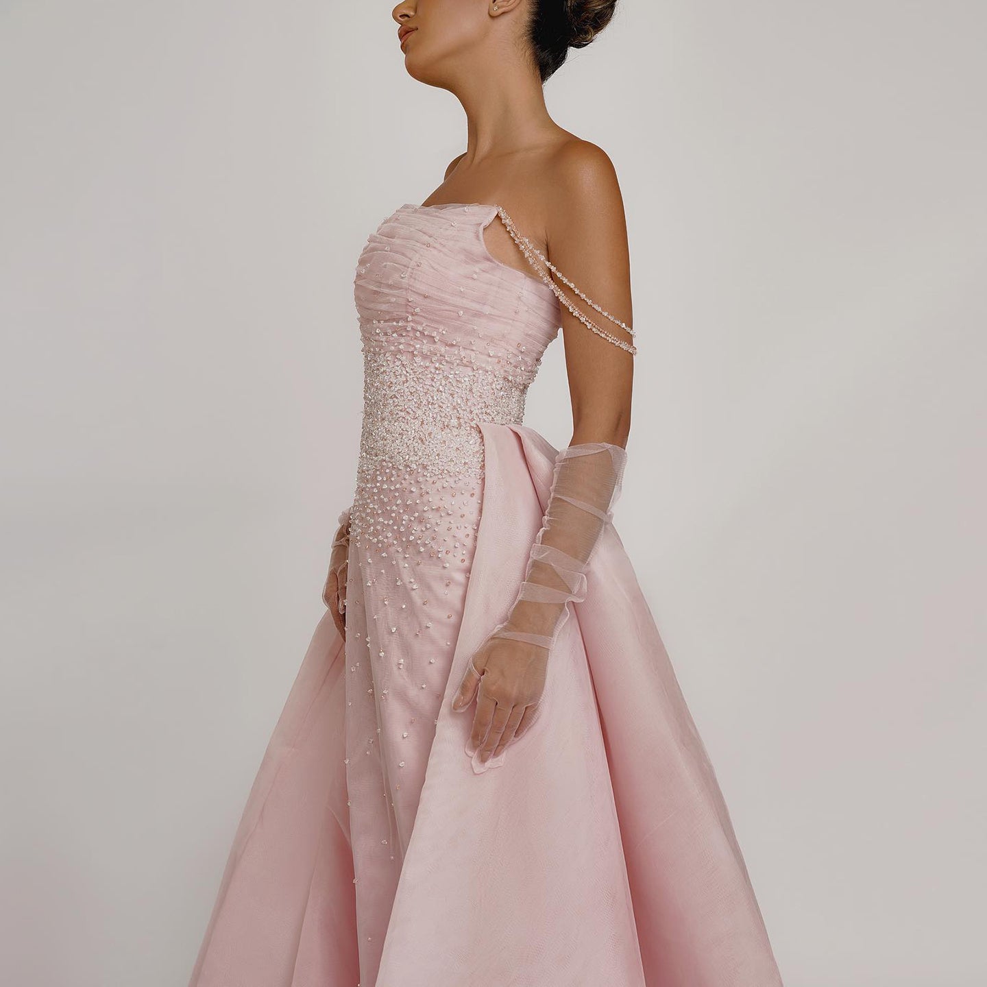 Luxury Beaded Pink Evening Dress with Overskirt Gloves SS429  Pink / US 16