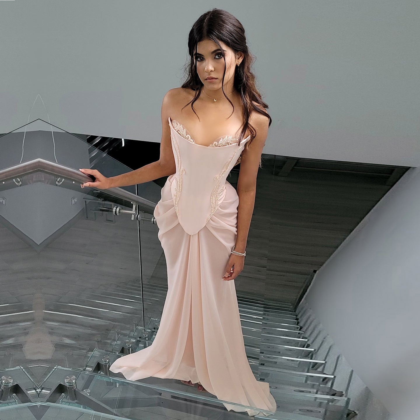Pink Handmade Draped Strapless Chiffon Mermaid Evening Dress SF306