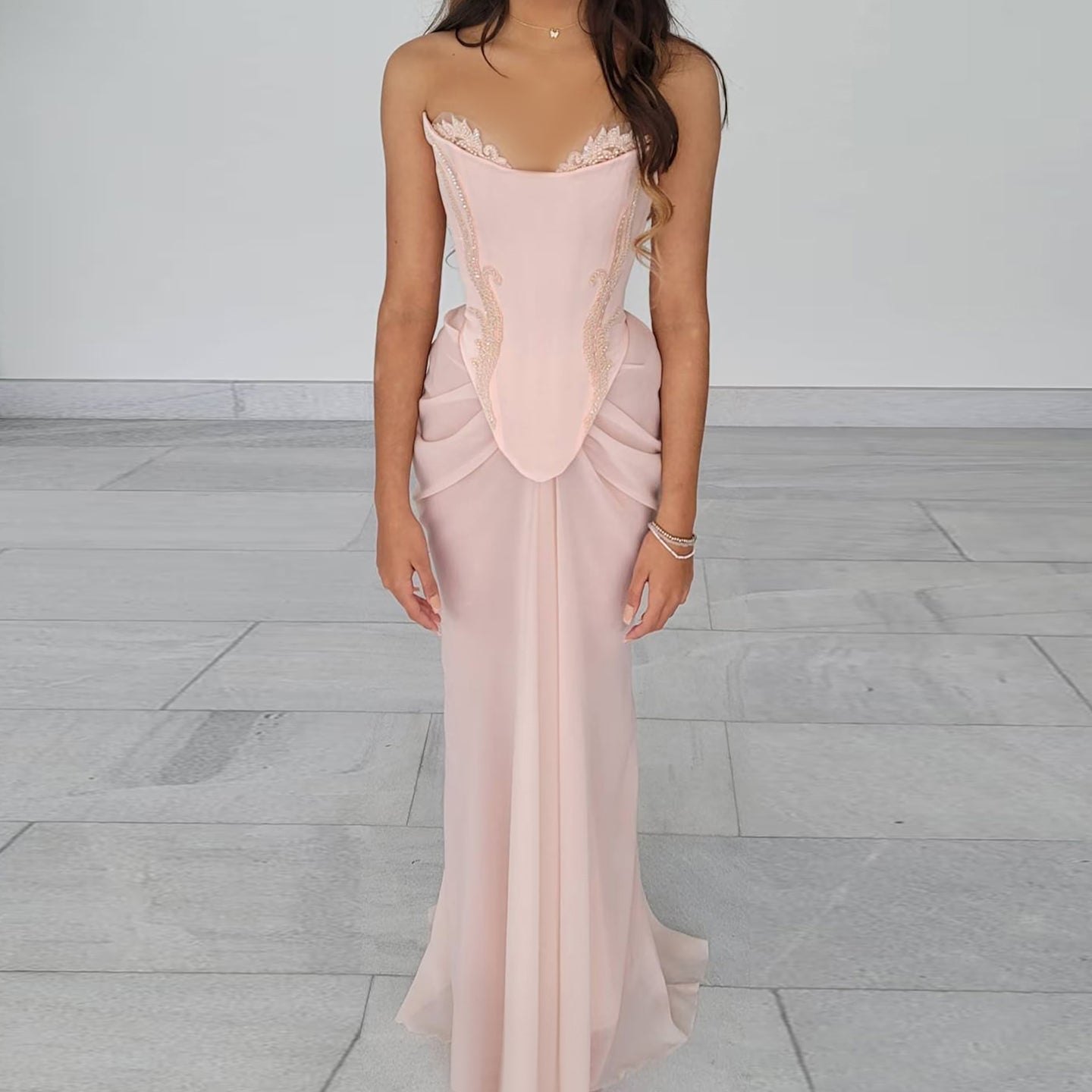 Pink Handmade Draped Strapless Chiffon Mermaid Evening Dress SF306