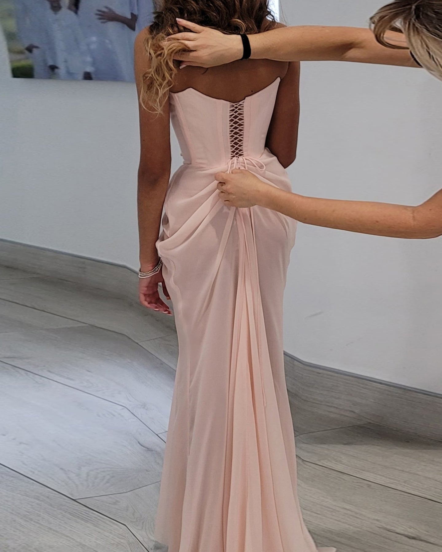 Pink Handmade Draped Strapless Chiffon Mermaid Evening Dress SF306
