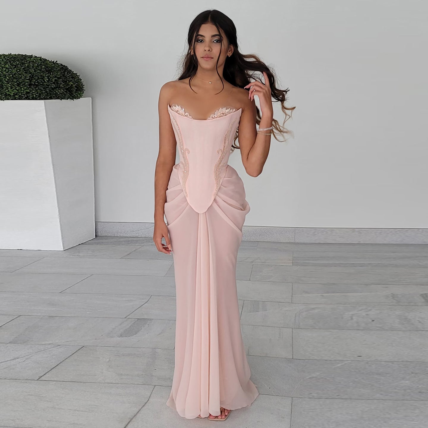 Pink Handmade Draped Strapless Chiffon Mermaid Evening Dress SF306