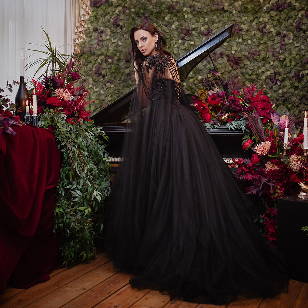 Gothic Black Tulle Evening Dress with Cape Sleeves SS394