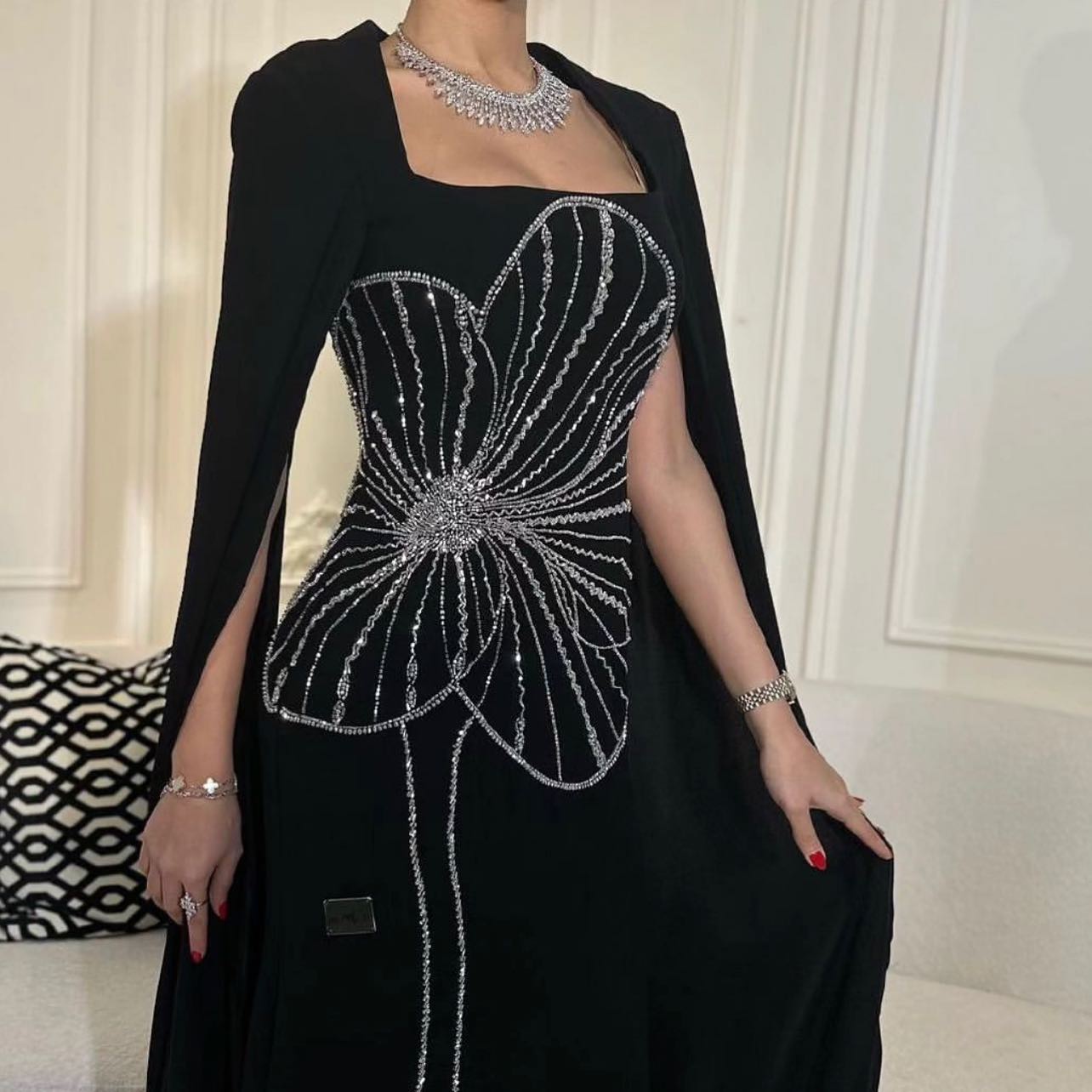 Elegant Black Beaded Evening Dress with Cape Sleeves SS275