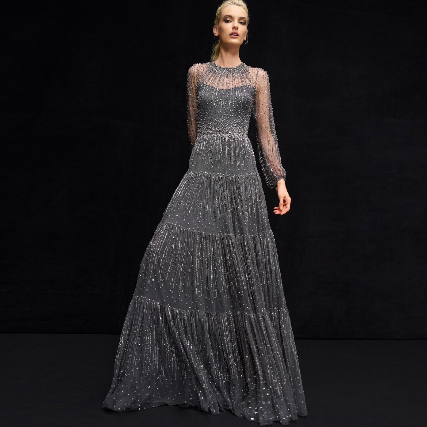 Luxury Beige Ruffles Beaded Long Sleeves Evening Dress SS514