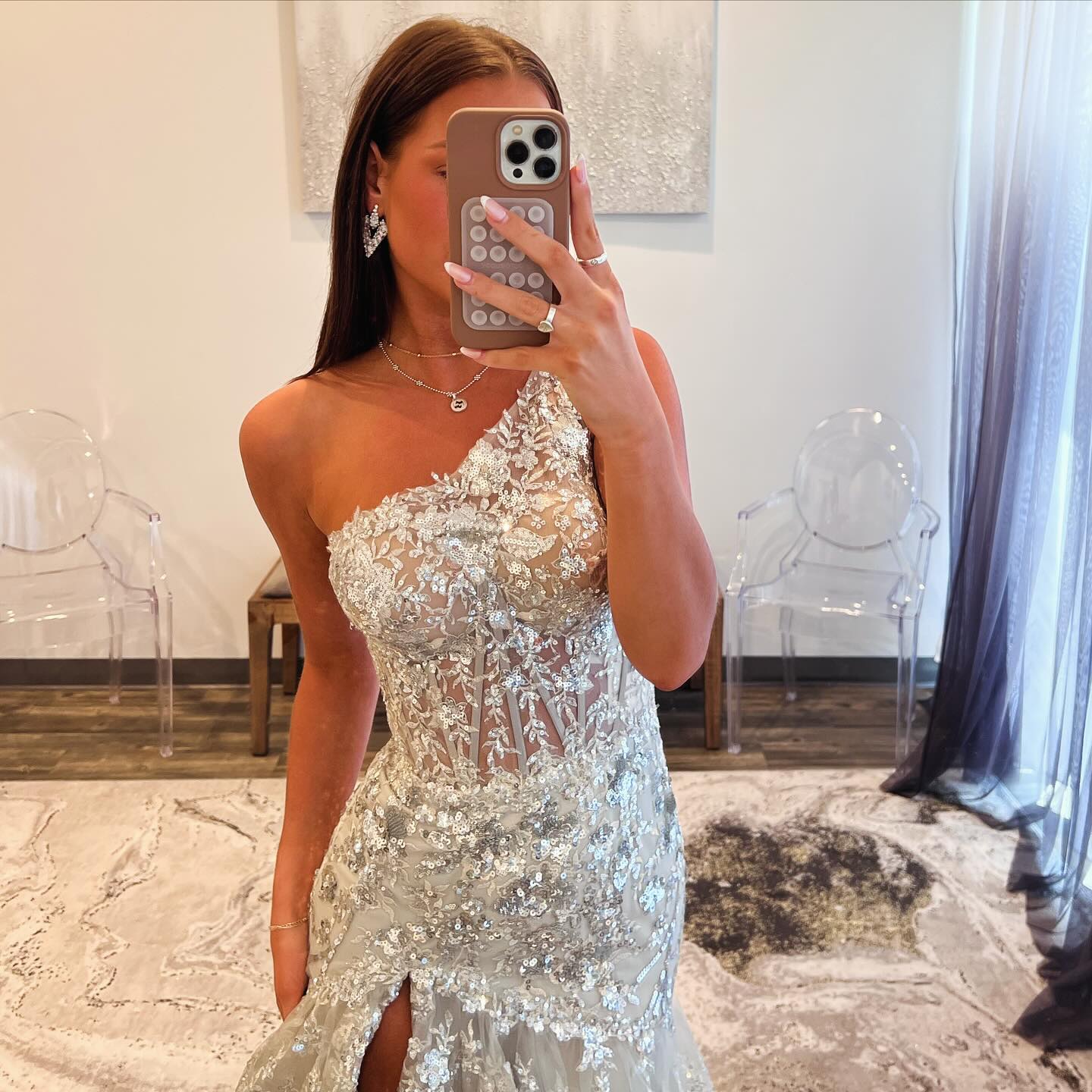 Chic Sliver Ruffles One shoulder Slit Prom Dress SH152