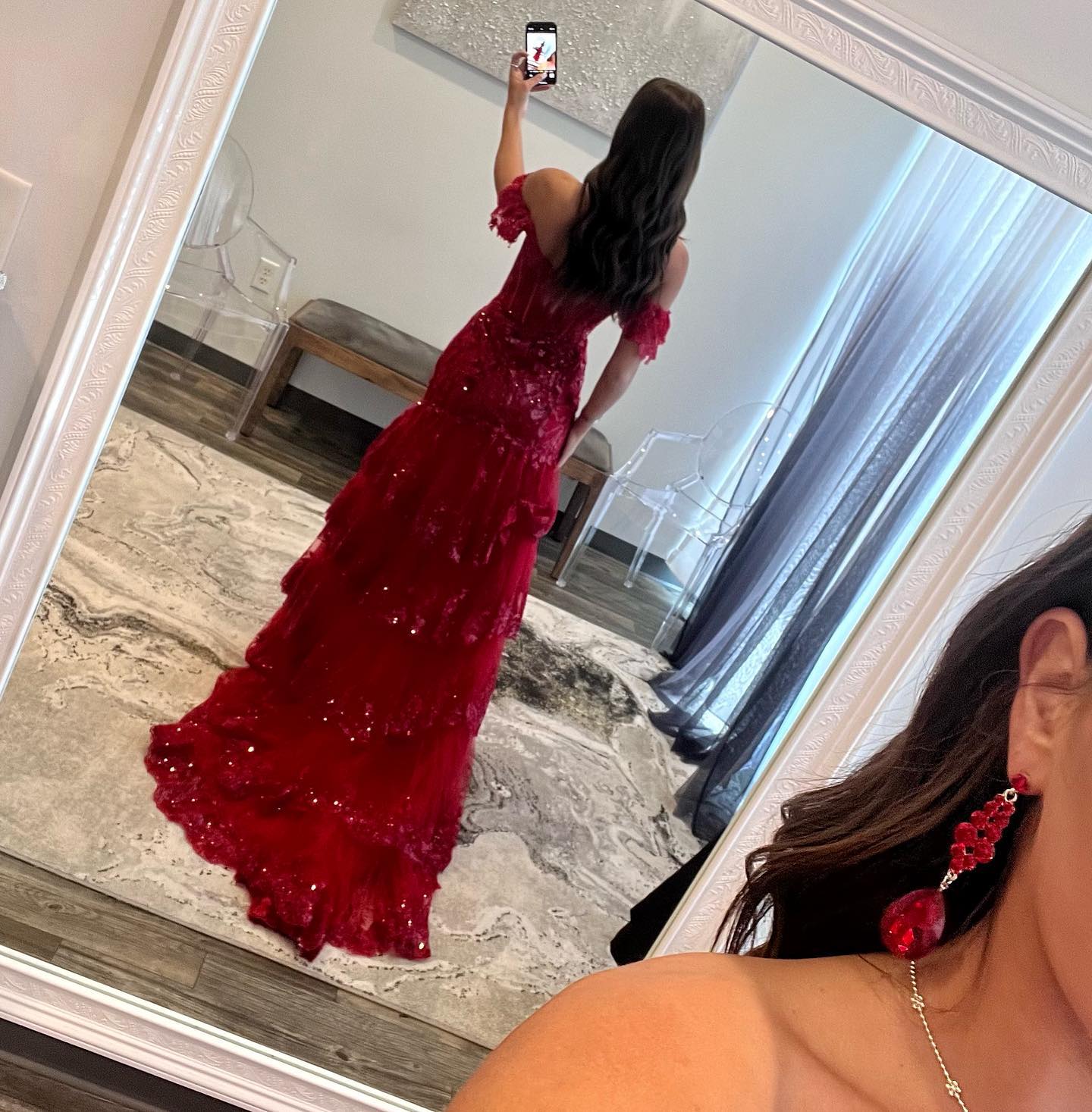 Charming Red Ruffles Off Shoulder Prom Dress with High Slit SF151
