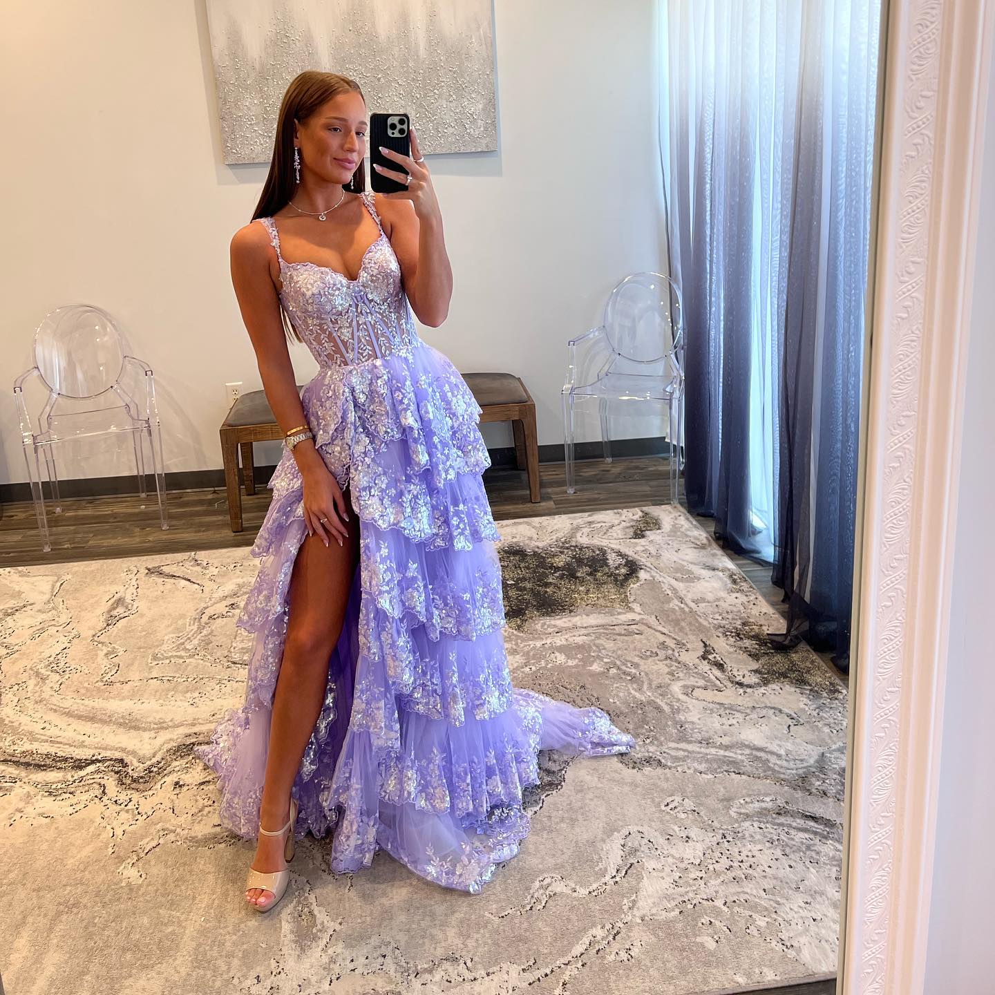 Stylish Black Ruffles Off shoulder Prom Dress with High Slit SF150