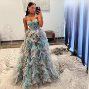 Chic Blue and Pink Ruffles Strapless Evening Dress SF153