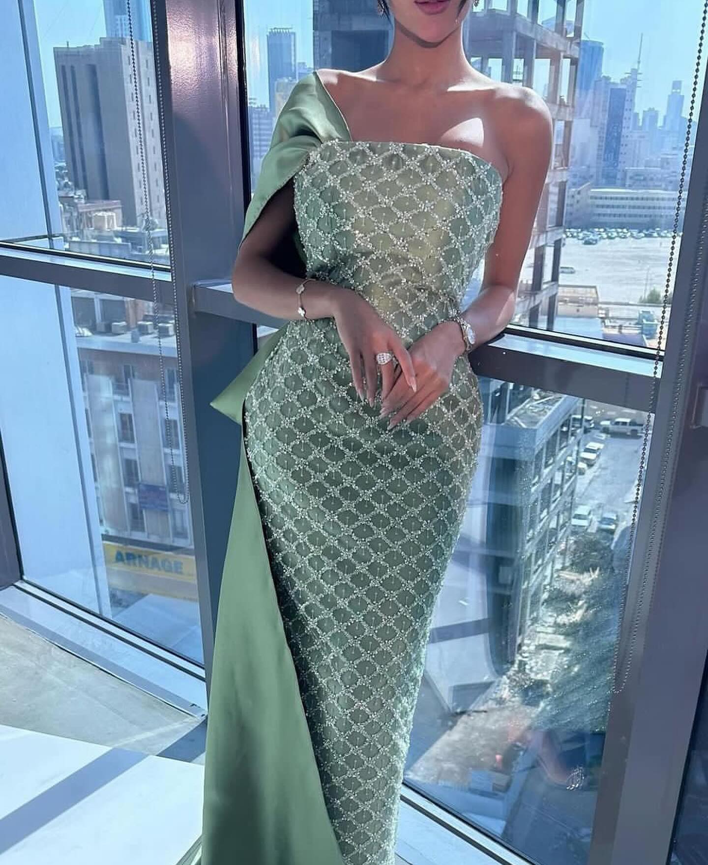 Sage Green One Shoulder Sheath Arabic Evening Dress SF047