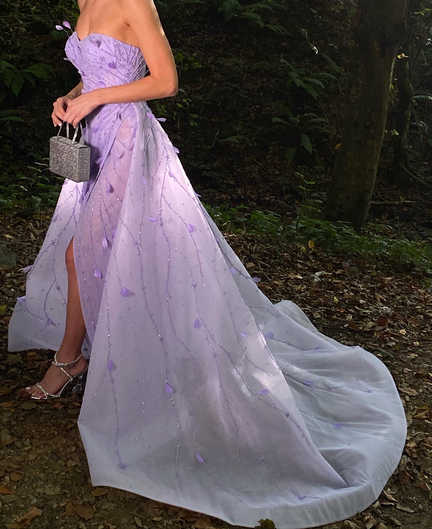 Luxury Feathers Beaded Lilac Evening Dress with Overskirt SS456