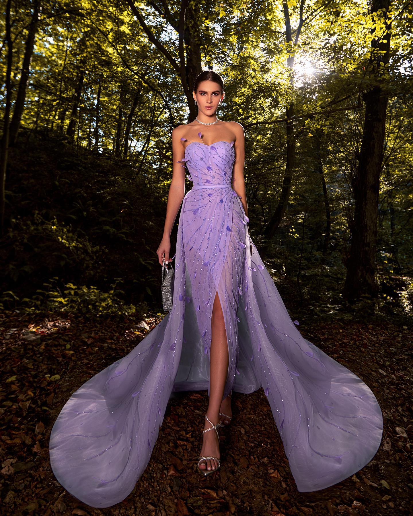 Luxury Feathers Beaded Lilac Evening Dress with Overskirt SS456
